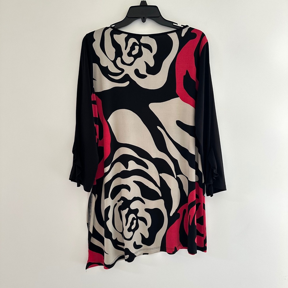 Clara Sun Woo Abstract Rose Tunic Top Women 1X Asymmetrical Slinky Artsy Stretch - Picture 2 of 8